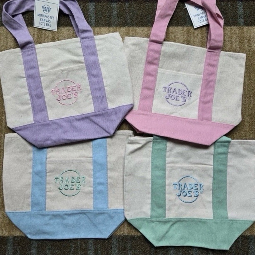 Trader Joe's Pastel Canvas Tote Bag — Pink, Lavender, Blue, Mint. Set of 4. NEW